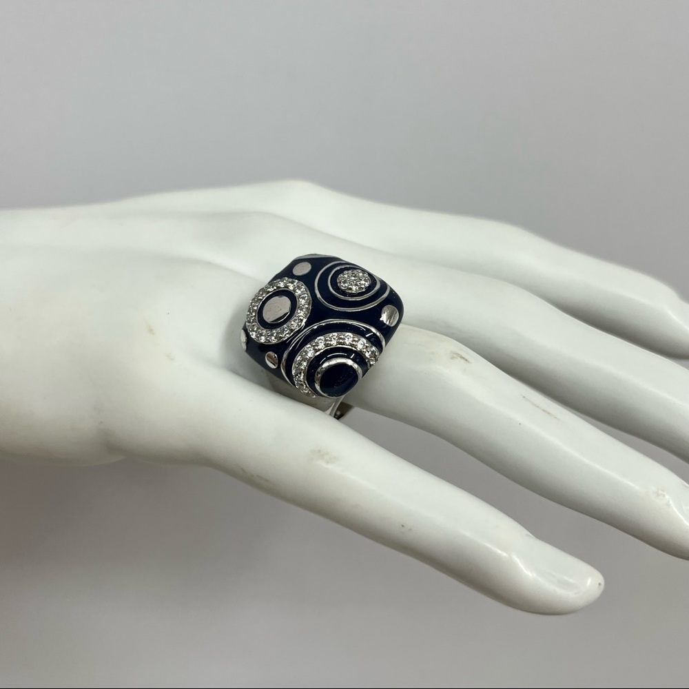 Belle Etoile Sterling Navy Blue Enamel Cubic Zirconia Ring Fabulous Style Size 8
